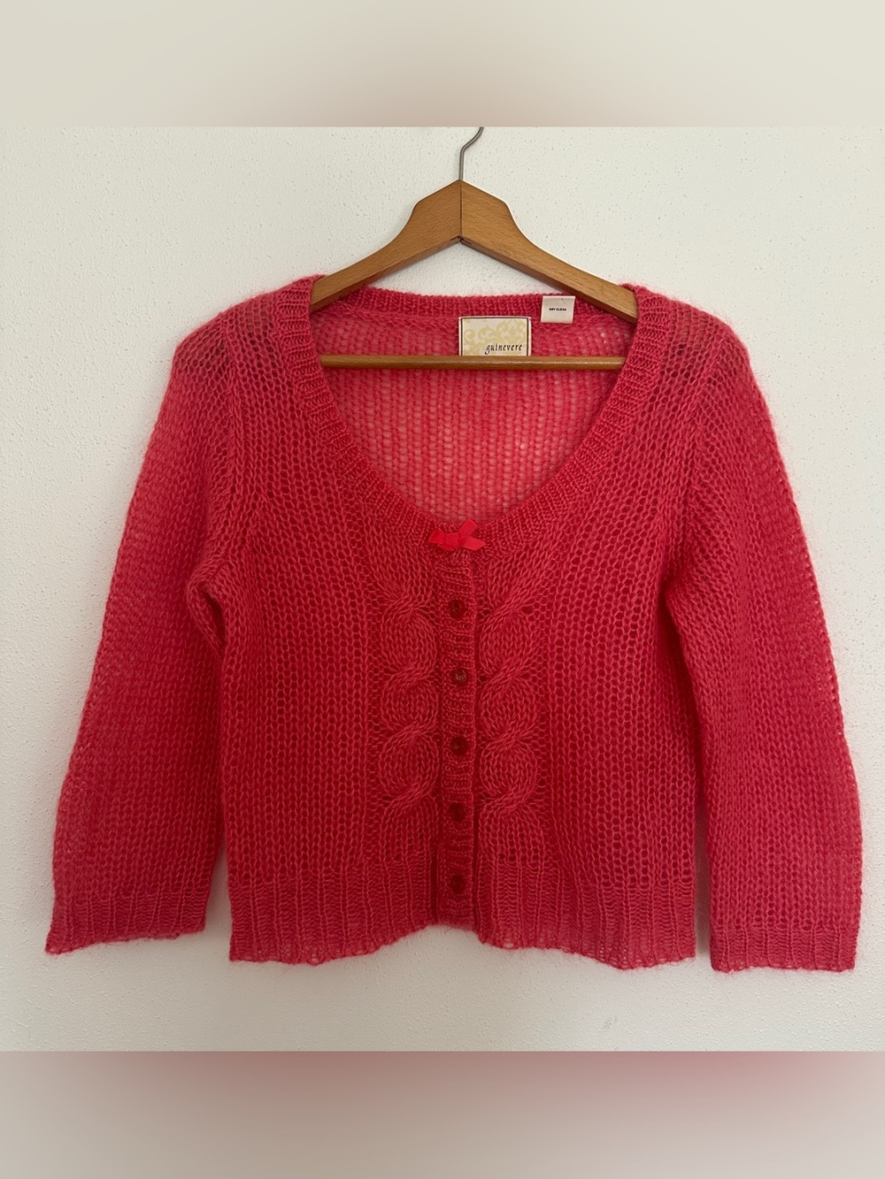 Guinevere Anthropologie Coral Pink Mohair Blend Cable Cropped Cardigan L